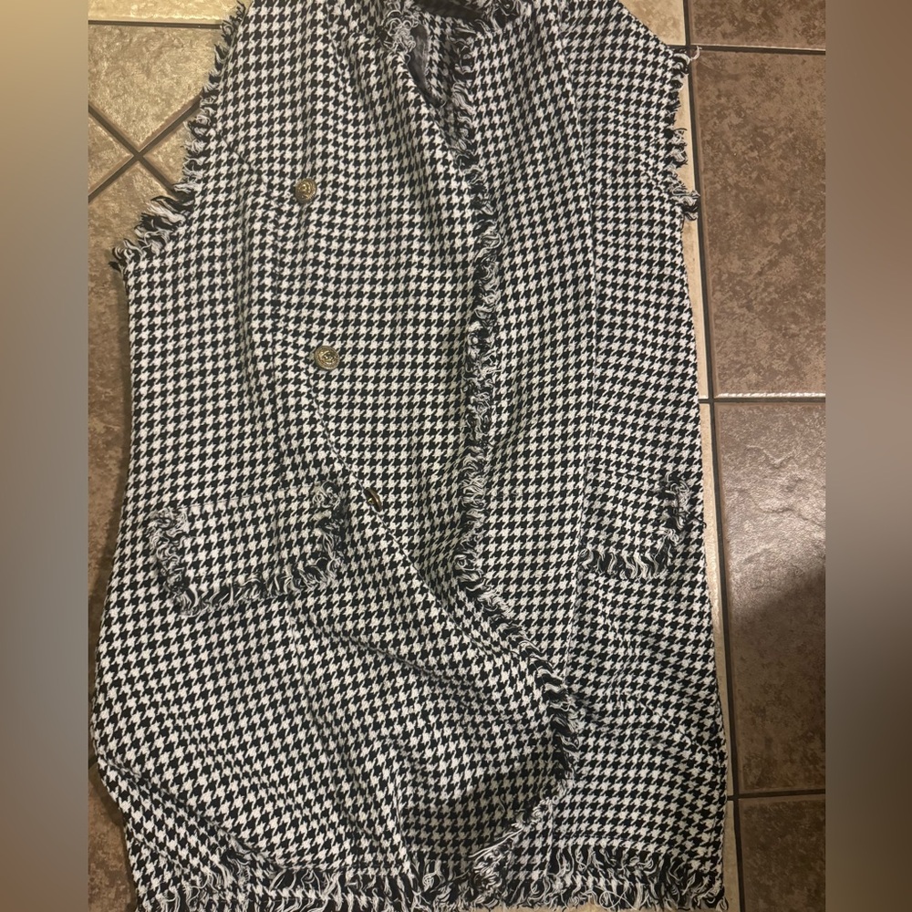 🖤 VOYELLES BLACK & WHITE CHECKERED FRINGE FALL BLAZER JACKET!